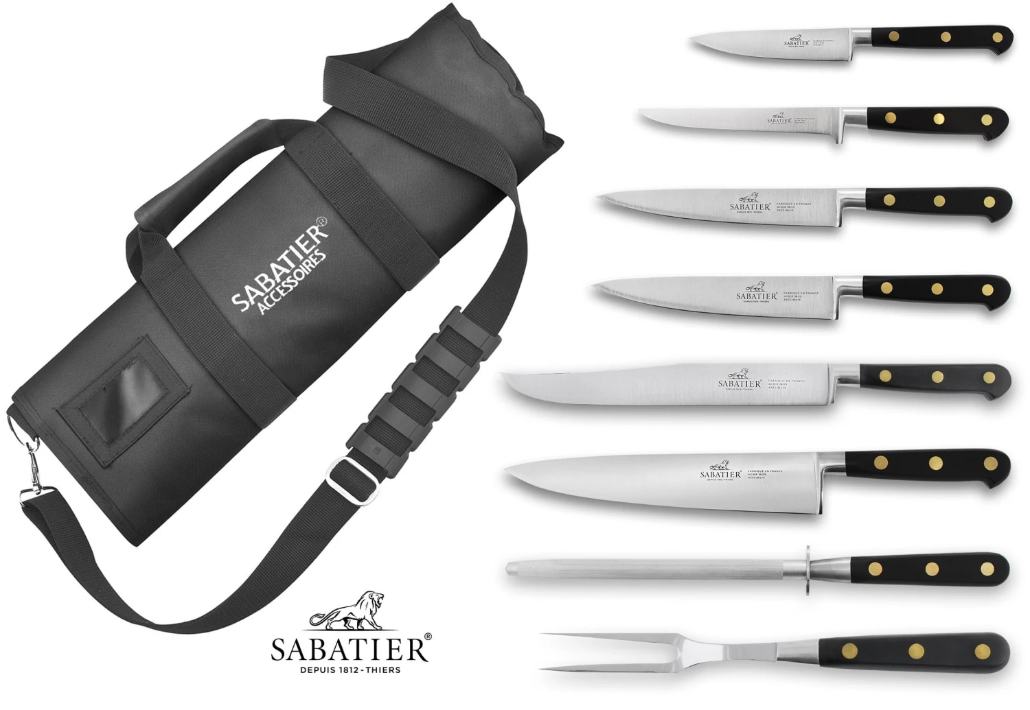 Sabatier Chef 6-piece Knife Set + 1 Carving Fork + 1 Sharpening Steel + 1 Roll Bag 1 Sabatier Chef 6-piece Knife Set + 1 Carving Fork + 1 Sharpening Steel + 1 Roll Bag