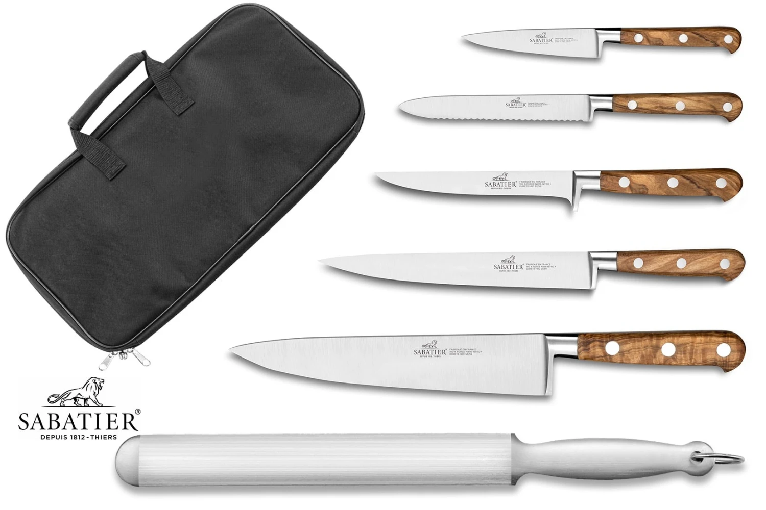 Sabatier Provençao 5-piece Knife Set + 1 Sharpening Steel + Knife Bag 1 Sabatier Provençao 5-piece Knife Set + 1 Sharpening Steel + Knife Bag