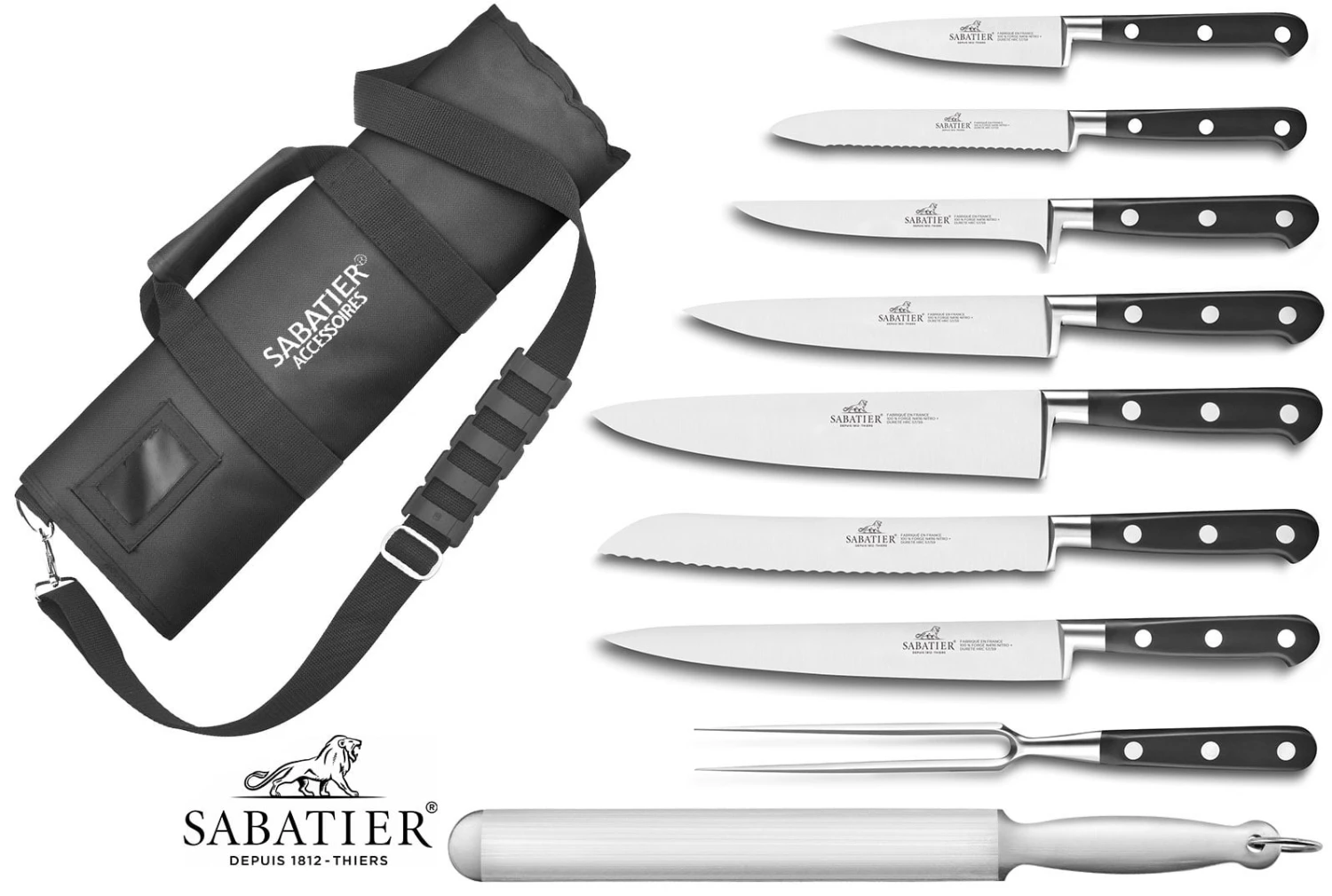 Sabatier Roll Bag With 7 Ideal 100% Forged Knives + 1 Carving Fork + 1 Sharpening Steel 1 Sabatier Roll Bag With 7 Ideal 100% Forged Knives + 1 Carving Fork + 1 Sharpening Steel