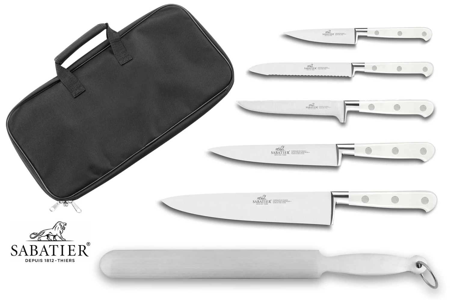 Sabatier Toque Blanche Knife Bag Set With 5 Kitchen Knives + 1 Sharpening Steel 1 Sabatier Toque Blanche Knife Bag Set With 5 Kitchen Knives + 1 Sharpening Steel