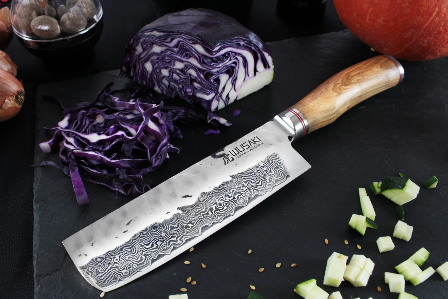 Wusaki Damas VG10 Nakiri Knife 17cm Olive Wood Handle 3 Wusaki Damas VG10 Nakiri Knife 17cm Olive Wood Handle - Image 3