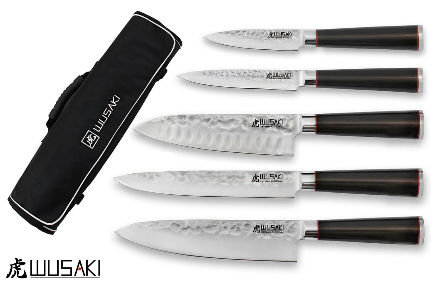 Wusaki Ebony AUS8 Set With 5 Kitchen Knives + 1 Roll Bag 1 Wusaki Ebony AUS8 Set With 5 Kitchen Knives + 1 Roll Bag